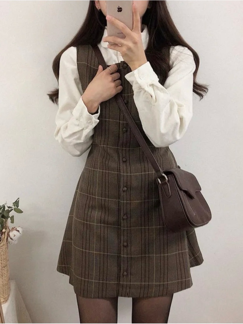 YesStyle Brown Plaid Mini Dress with Button Front